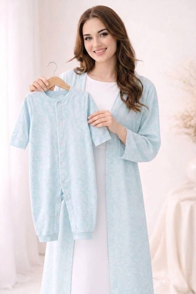 طقم الولادة المتكامل (أم وطفل) قطن 100% – لون أزرق هادئ (Baby Blue)