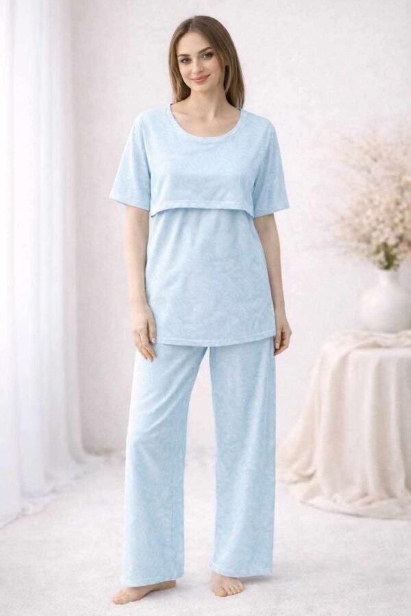 بيجامة رضاعة صيفية قطن 100% – لون أزرق هادئ (Baby Blue)