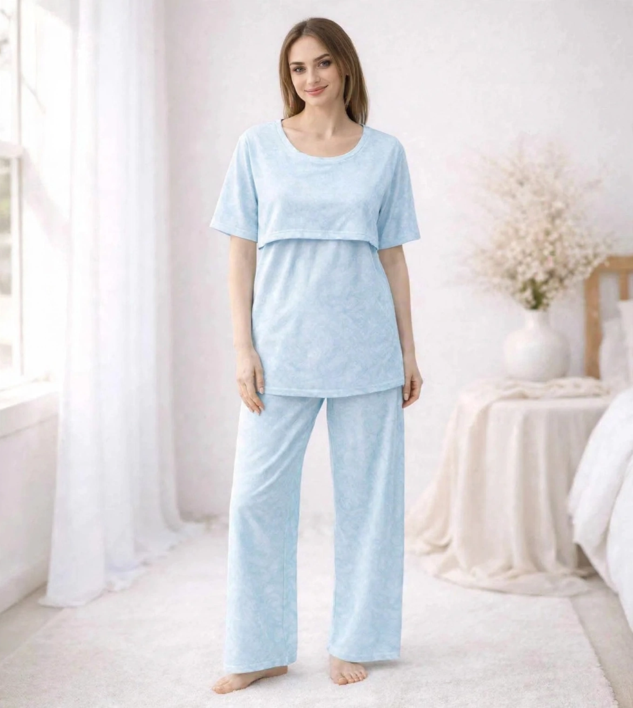 بيجامة رضاعة صيفية قطن 100% – لون أزرق هادئ (Baby Blue)