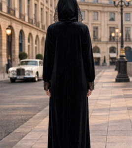 إسدال قطيفة شتوي أنيق وعملي مع غطاء للرأس "كابيشو" وفتحة للرضاعة (أسود) - صورة 2